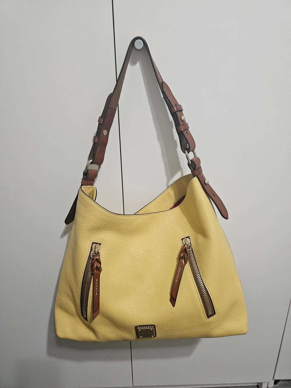 Dooney & Bourke Yellow Pebbled Leather Hobo with Brown Trim
